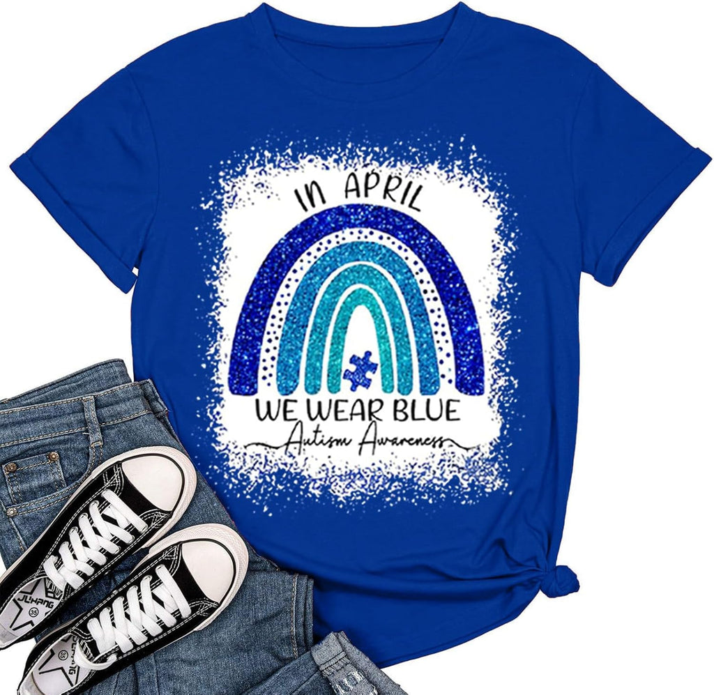 YZMI Autism Awareness Shirt Womens Autism Acceptance Month Grahic Short Sleeve Tee Tops
